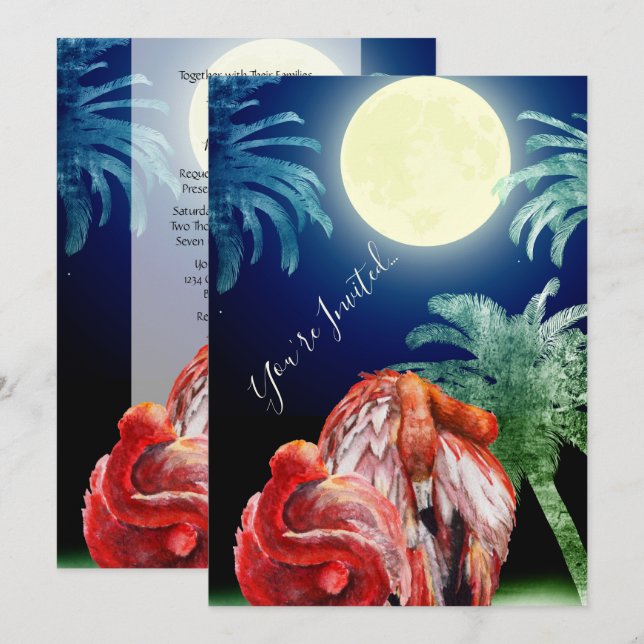 Invitación Flamencos durmientes y boda de playa tropical luna (Anverso / Reverso)
