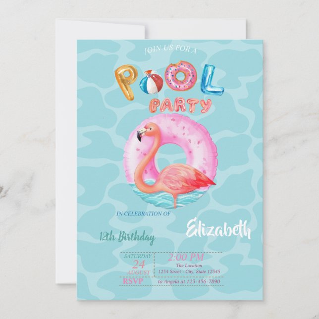 Invitación Flamencos rosados caprichosos flotadores de piscin (Anverso)