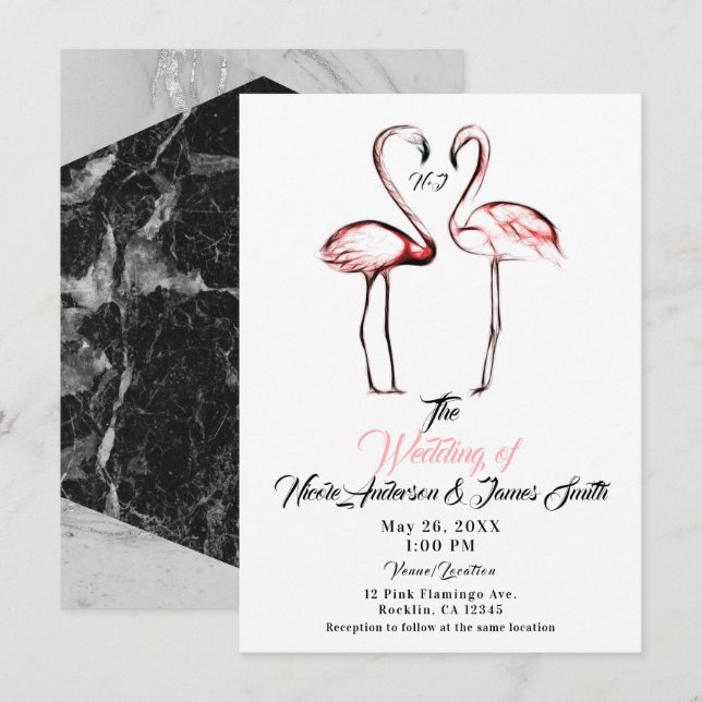 Invitación Flamencos rosados Flamingo Boda de mármol negro (Anverso / Reverso)
