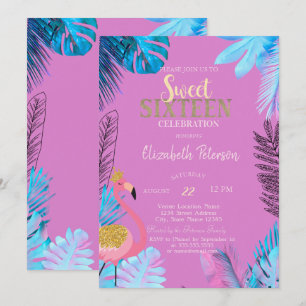 Invitación Flamencos Rosados Hojas Tropicales Azules Dulces 1