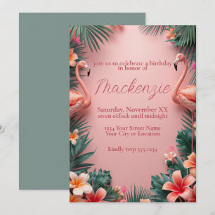 Invitación Flamencos rosados Palmas tropicales y flores de pl