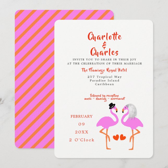 Invitación Flamencos rosados tropicales Invitan a una boda mo (Anverso / Reverso)