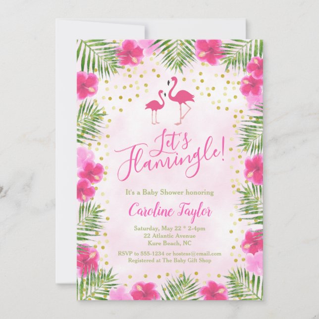 Invitación Flamingle Baby Shower con floral rosa tropical (Anverso)