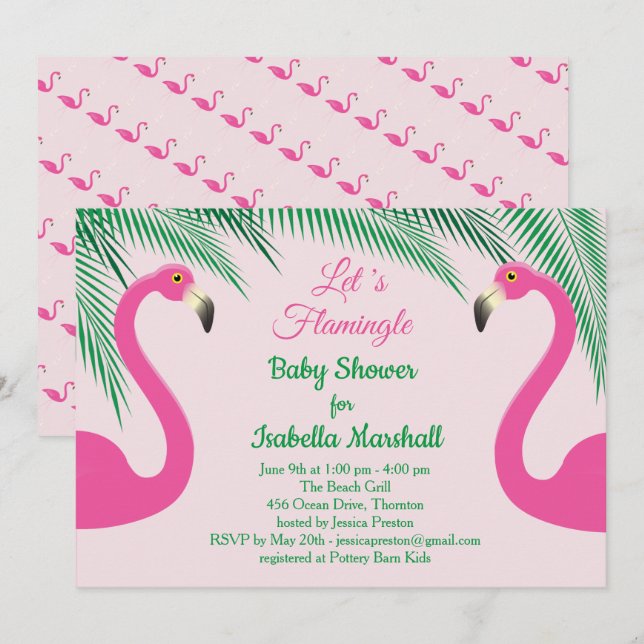 Invitación Flamingle Baby Shower - rosa (Anverso / Reverso)