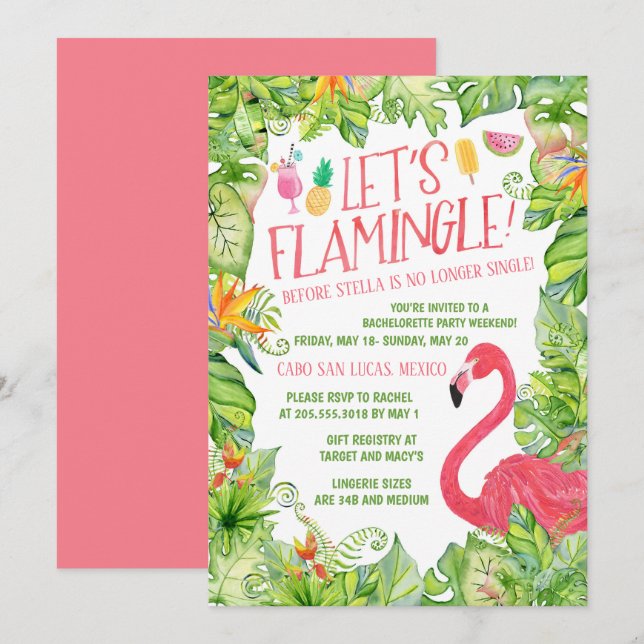 Invitación Flamingle Bachelorette Party (Anverso / Reverso)