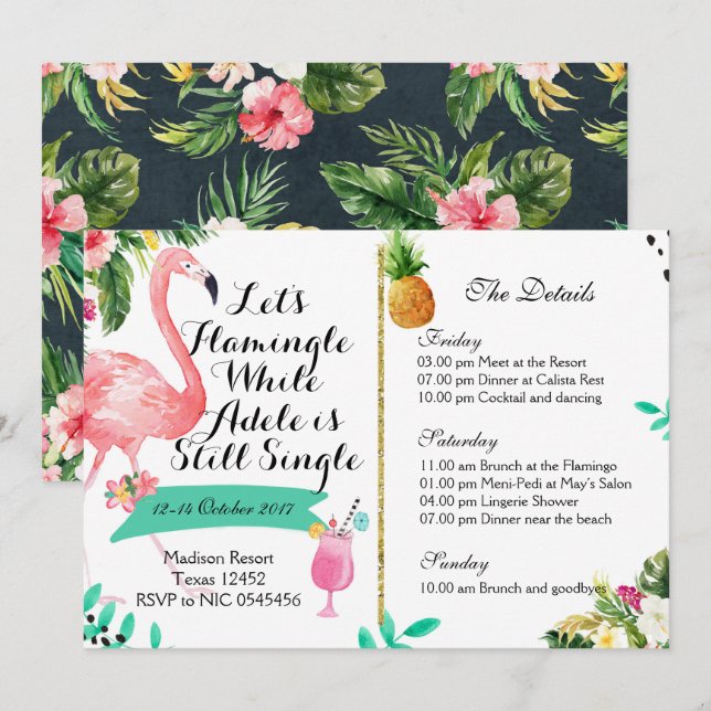 Invitación Flamingle Bachelorette Weekend Itinerary Invite (Anverso / Reverso)