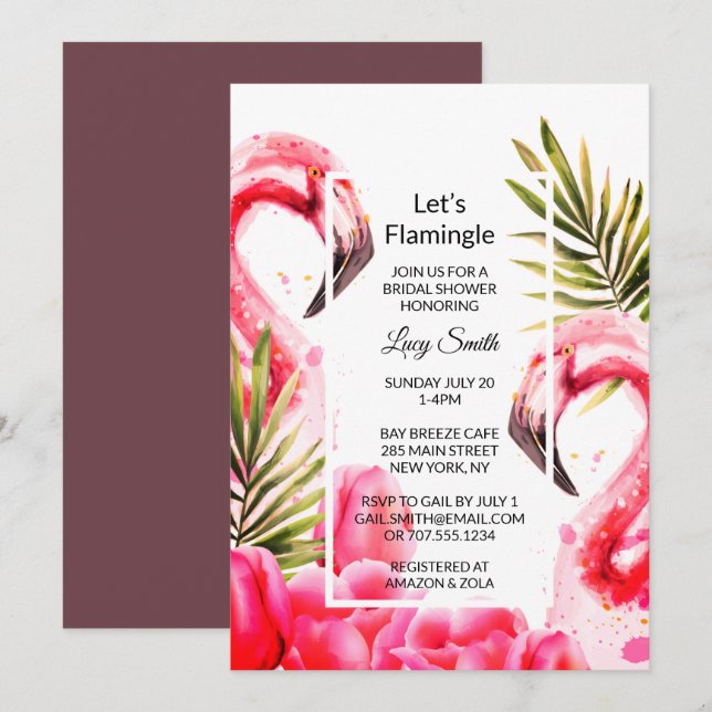 Invitación Flamingle Bridal Shower | Flamingos (Anverso / Reverso)