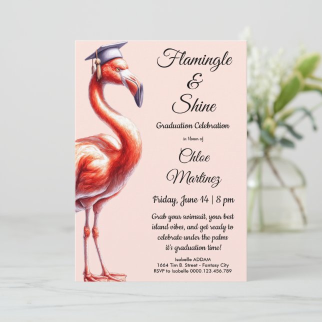 Invitación Flamingle & Celebrate! Flamingo Graduation Party  (Anverso de pie)