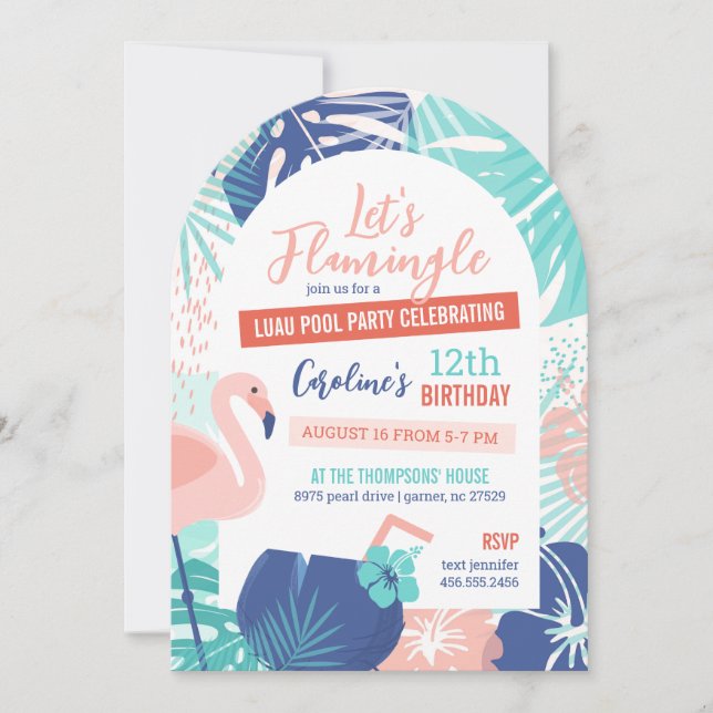 Invitación Flamingle Cumpleaños, Fiesta de la piscina Luau (Anverso)