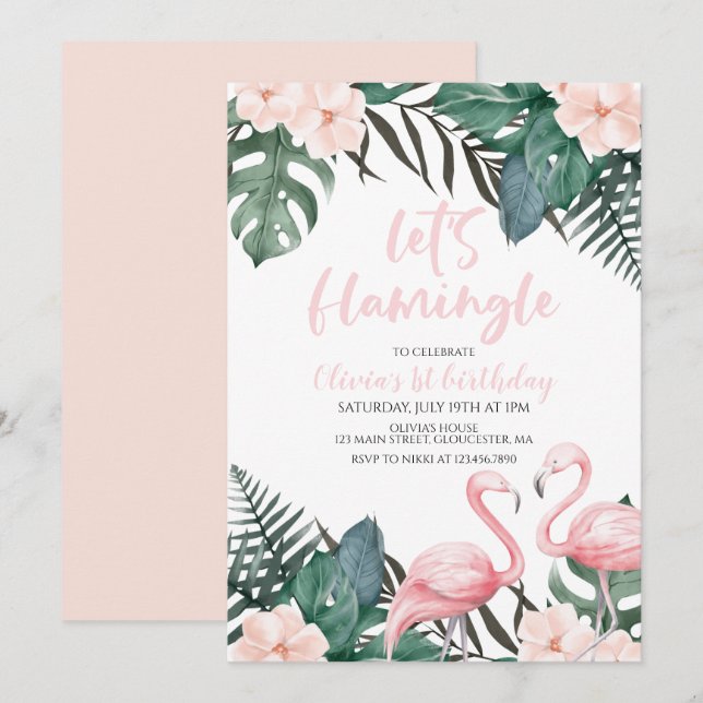 Invitación Flamingle Cumpleaños tropical flamenco (Anverso / Reverso)