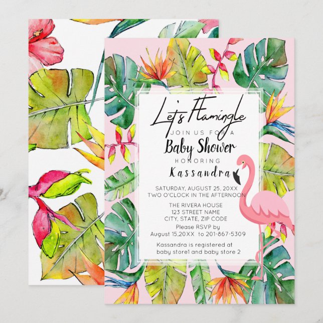 Invitación Flamingle en Baby Shower tropical (Anverso / Reverso)