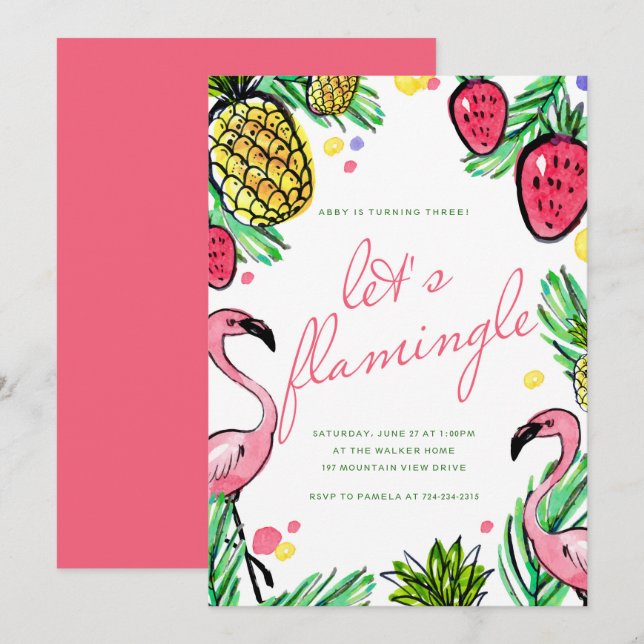 Invitación Flamingle en la fiesta de cumpleaños tropical (Anverso / Reverso)