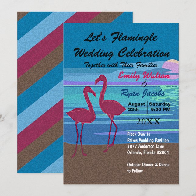 Invitación Flamingle en la playa de celebración de Bodas en D (Anverso / Reverso)