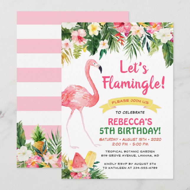 Invitación Flamingle Fiesta de cumpleaños de niños de verano  (Anverso / Reverso)