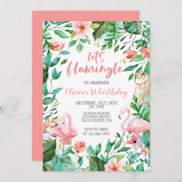 Invitación Flamingle Flamingo de primer cumpleaños tropical