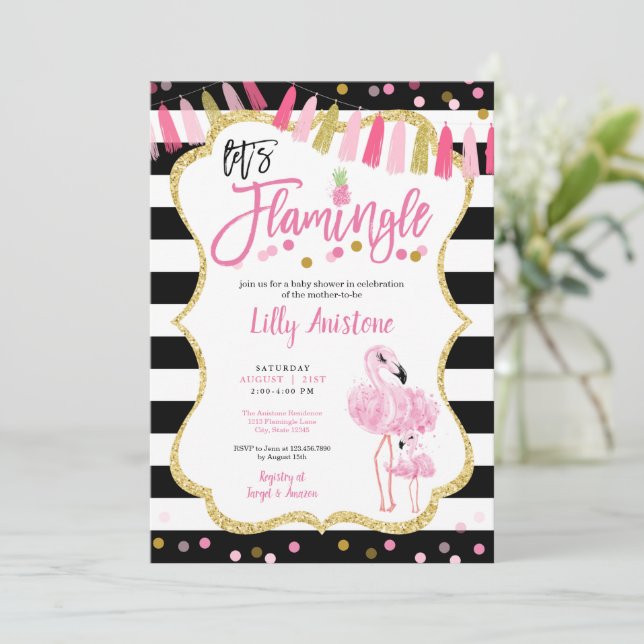 Invitación Flamingle Flamingo Watercolor Baby Shower (Anverso de pie)
