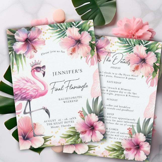 Invitación Flamingle Fun Pink Tropical Bachelorette Itinerari (final flamingle bachelorette party invitation itinerary pink flamingo tropical floral watercolor )