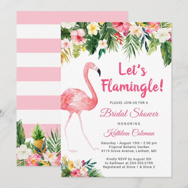 Invitación Flamingle Tropical Floral Bridal Shower (Anverso / Reverso)