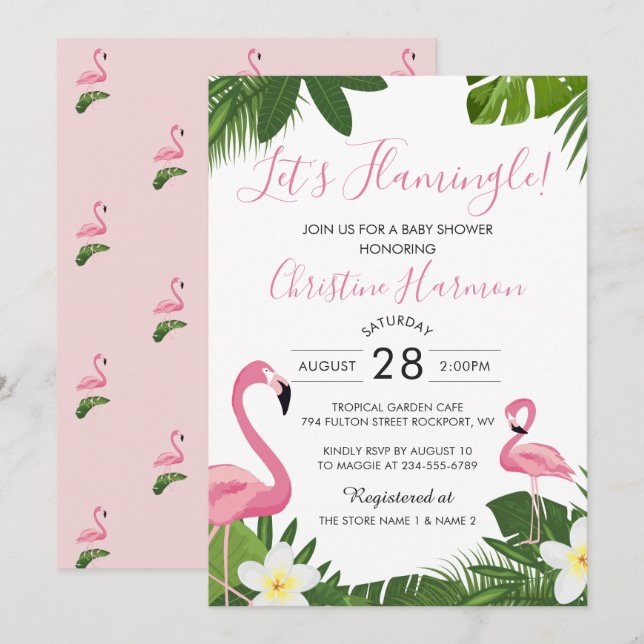 Invitación Flamingle Tropical Pink Flamingo Baby Shower (Anverso / Reverso)