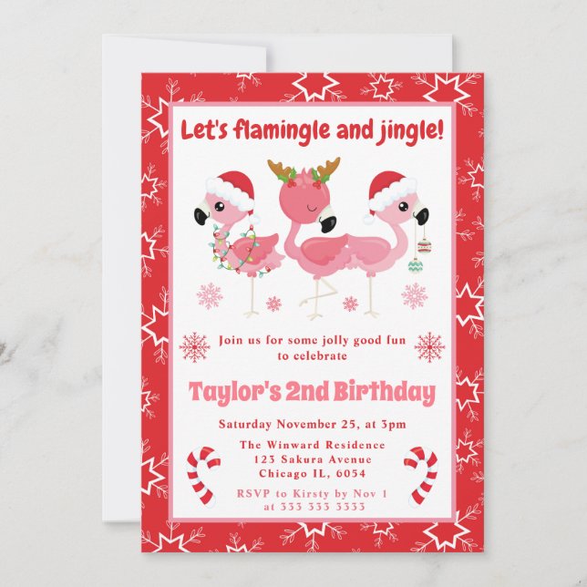 Invitación Flamingle y Jingle Flamingo Navidad Cumpleaños (Anverso)