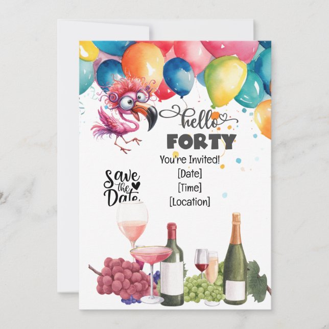Invitación Flamingo 40º cumpleaños gracioso diciendo por fies (Anverso)