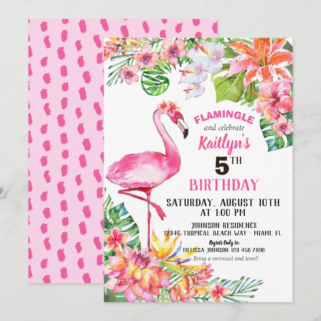 Invitación Flamingo acuarela y cumpleaños floral tropical (Anverso / Reverso)