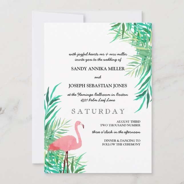 Invitación Flamingo acuático y hojas de palma Boda tropical (Anverso)