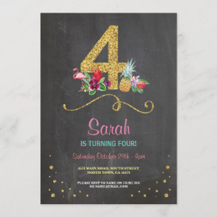 Invitación Flamingo Aloha 4TH 4 Birthday Party Chalk Invitado