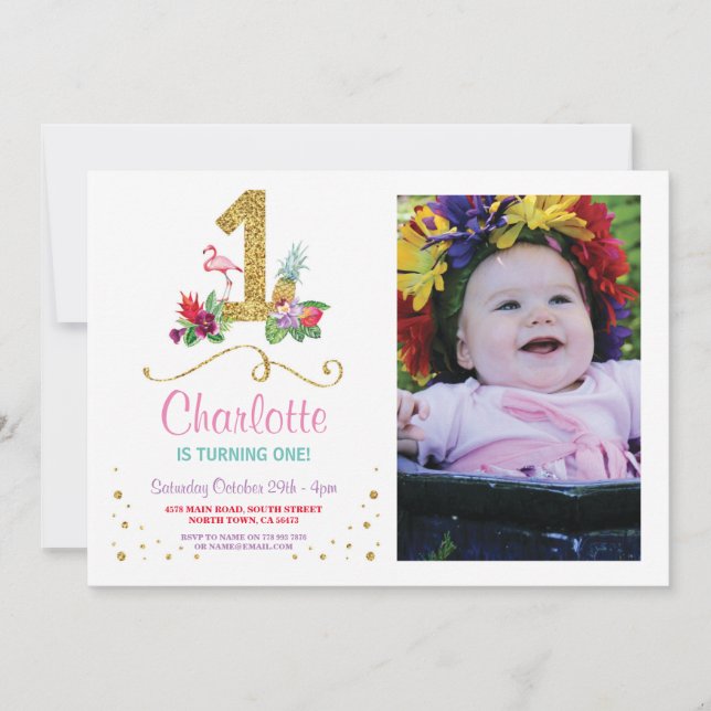 Invitación Flamingo Aloha foto de primera fiesta de cumpleaño (Anverso)