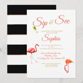 Invitación Flamingo Baby Black Stripe Sip y See
