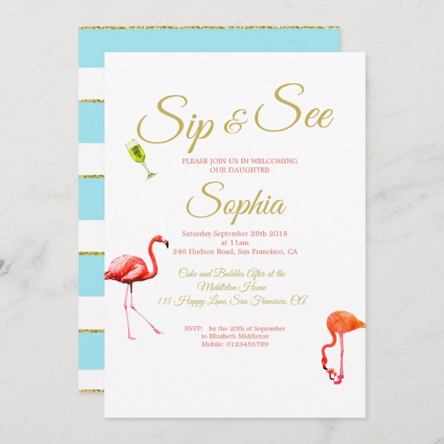 Invitación Flamingo Baby Blue Stripe Sip y See (Anverso / Reverso)