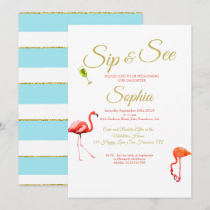 Invitación Flamingo Baby Blue Stripe Sip y See
