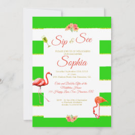 Invitación Flamingo Baby No Gender Green Strip Sip and See