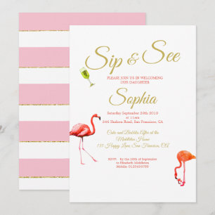 Invitación Flamingo Baby Pink Stripe Sip y See