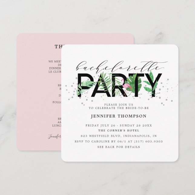 Invitación Flamingo Bachelorette de Rubor tropical moderno (Anverso / Reverso)
