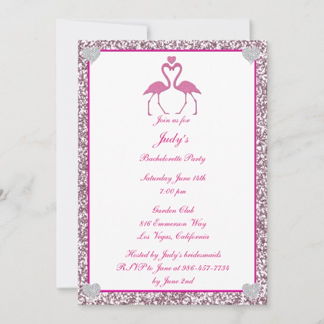 Invitación Flamingo Bachelorette, Purpurina Rosa Flamingo (Anverso)