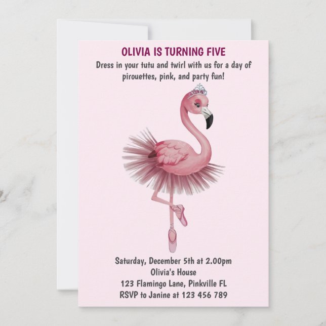 Invitación Flamingo Ballet Dancer Cumpleaños (Anverso)