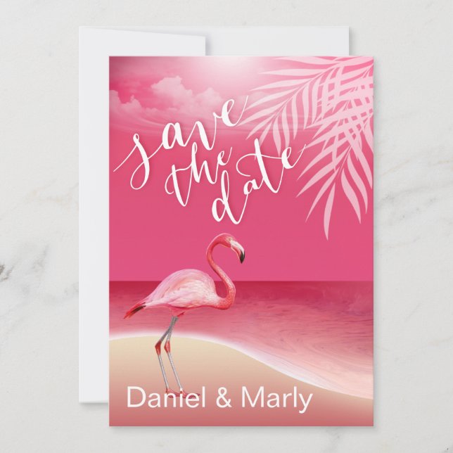 Invitación Flamingo Beach Save the Date | rosa (Anverso)