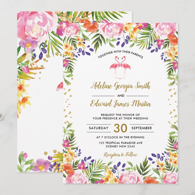 Invitación Flamingo Boda Paleta Floral Tropical hojas de oro (Anverso / Reverso)