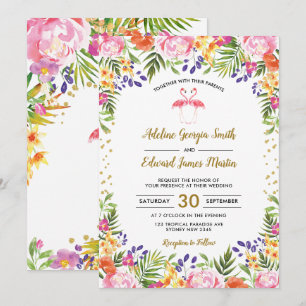 Invitación Flamingo Boda Paleta Floral Tropical hojas de oro