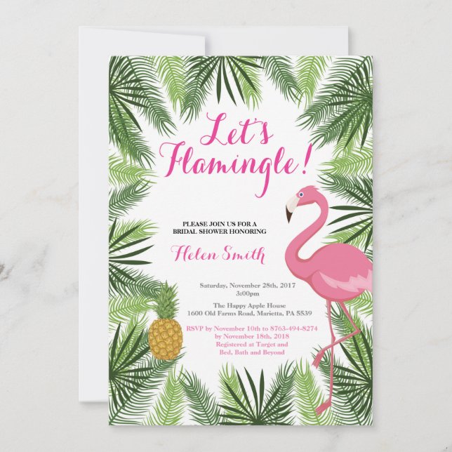 Invitación Flamingo Bridal Shower Let's Flamingle (Anverso)