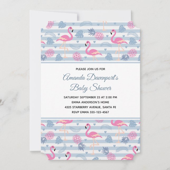 Invitación Flamingo caprichoso y patrón de piña Baby Shower (Anverso)