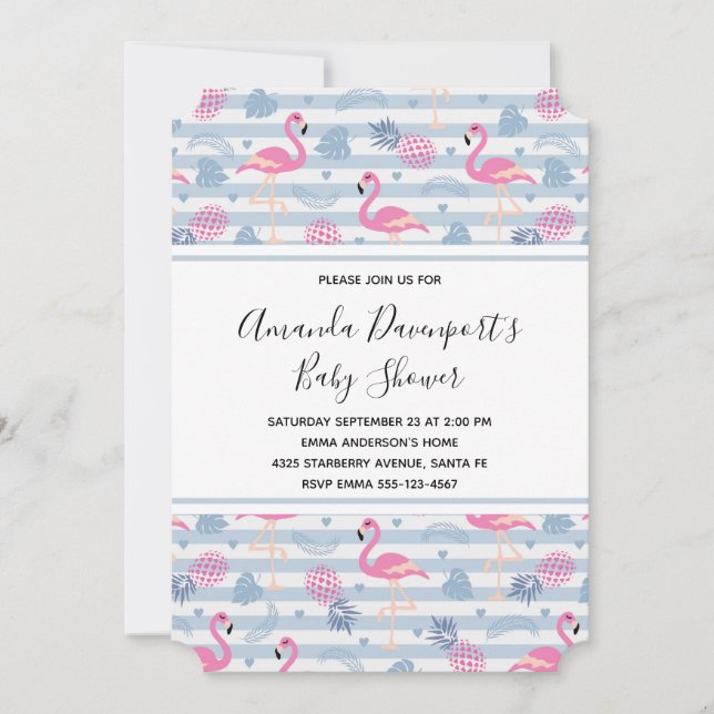 Invitación Flamingo caprichoso y patrón de piña Baby Shower (Anverso)