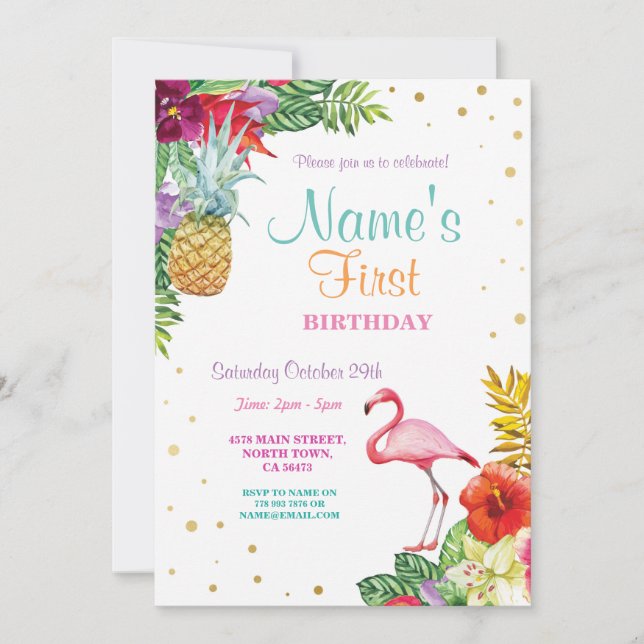 Invitación Flamingo Chica Aloha Primer Día de Oro (Anverso)