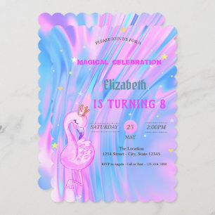 Invitación Flamingo, Crown Ombre Holográfico Opal Cumpleaños