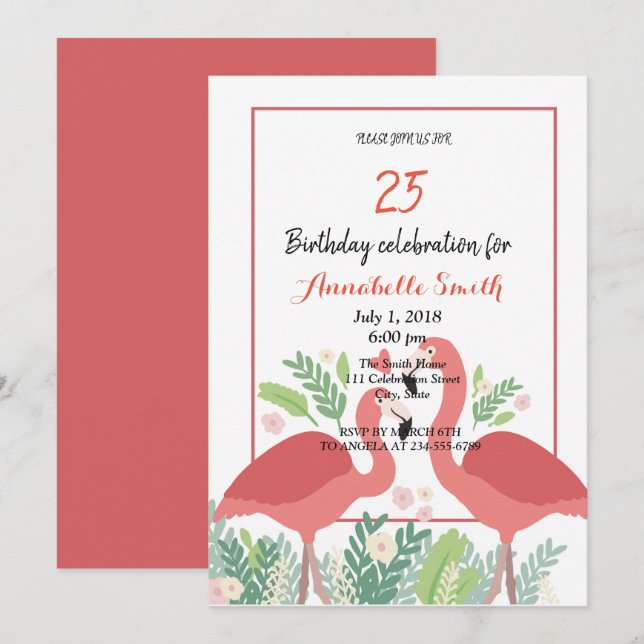 Invitación Flamingo Cumpleaños tropical (Anverso / Reverso)