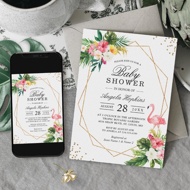 Invitación Flamingo de marco dorado floral tropical Baby Show (Subido por el creador)