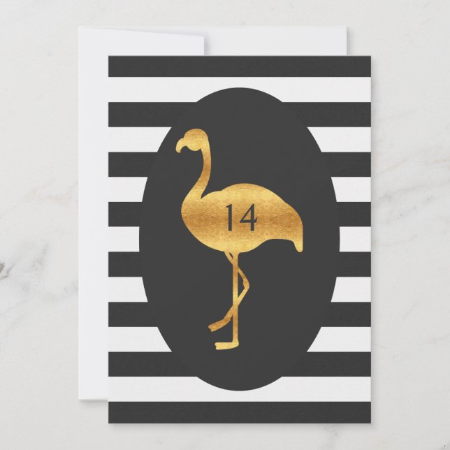 Invitación Flamingo de oro de 14 años franjas blancas negras (Anverso)