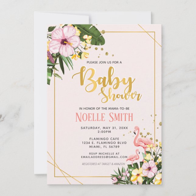Invitación Flamingo de oro floral tropical Baby Shower rosa (Anverso)