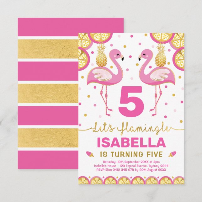 Invitación Flamingo de oro rosado caliente Cumpleaños tropica (Anverso / Reverso)